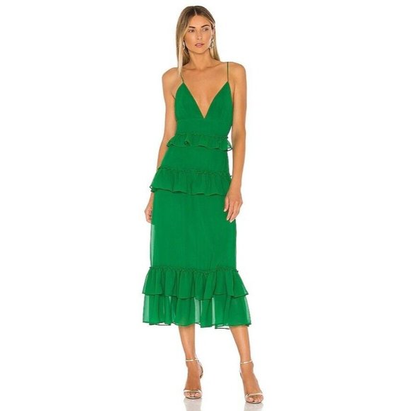 Lovers + Friends Brexley Midi Dress Viridian Green Ruffle Party XXS NWT $258